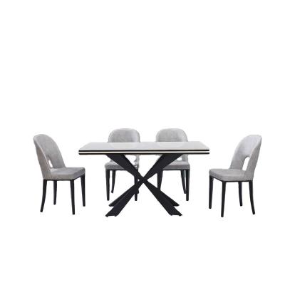 China Color Optional China Factory Custom Wholesale Glass Table Set Luxury Marble Dining Table Sets With 6 Leather Dining Chairs Sets For Dining Room for sale