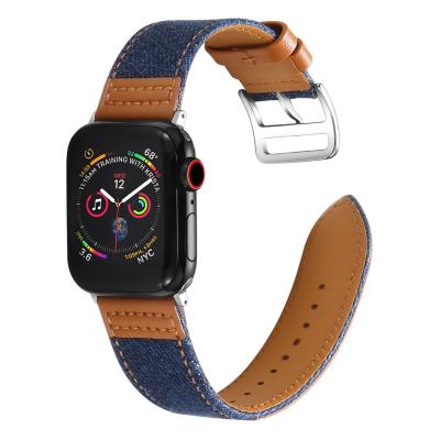 China Leather+denim luxury hotting top grade hotting for apple watch denim leather strap for apple watch 38/40/42/44mm for sale