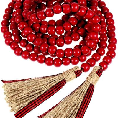 China Wood 11 Feet Wooden Bead Garland Vintage Red with Rustic Buffalo Plaid Tassel Beaded Tassel Pendant Garland Farmhouse Beads Ornament for sale