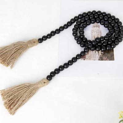 China China Rustic Wood Farmhouse Christmas Bead Decor 3 Pack Black Wooden Bead Tassel Garland Bead Large Wall Hanging Decor Black for sale