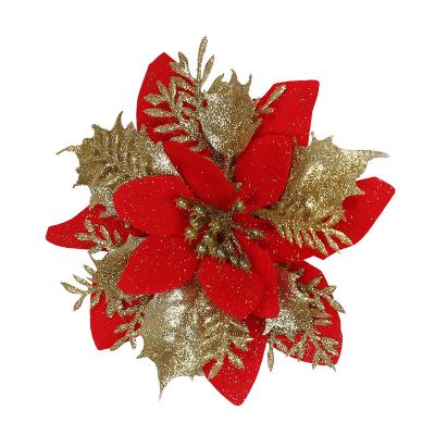 China Party Gold Powder Glitter Poinsettia Flower Artificial Christmas For Christmas Wreath Accessories Double Christmas Tree Wholesale for sale