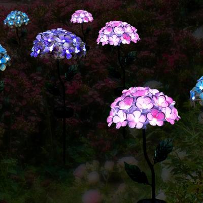 China Holiday Decoration Iron Metal Solar Hydrangea Flower Lights LED Bouquet Group Stake Light Purple Blue Red Floral Lamp For Porch Pathway Lawn for sale