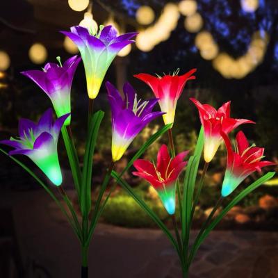 China Multicolor Changing Solar Landscape Lily Flower Lighting Garden Lamps 2PACK Outdoor Solar Colorful LED Stake Lights for sale