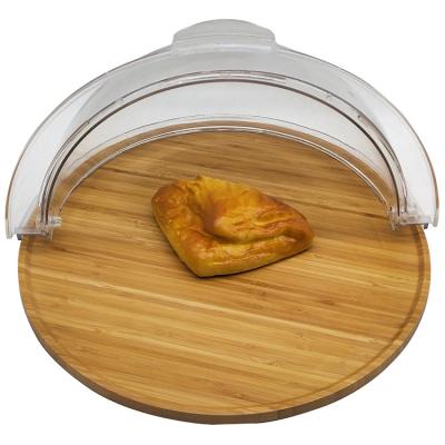 China High Quality Bamboo Wooden Bread Tray Round Shape Serving Tray Restaurant Bread Display Wooden Tray With Clear Lid for sale