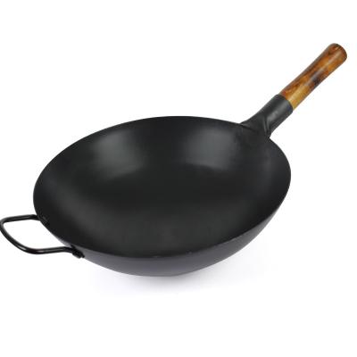 China Sustainable Carbon Steel Pre-Seasoned Traditional Asian Wok Pan With Wooden Bottom Handle Non Stick Round Stir-Fry Pans for sale