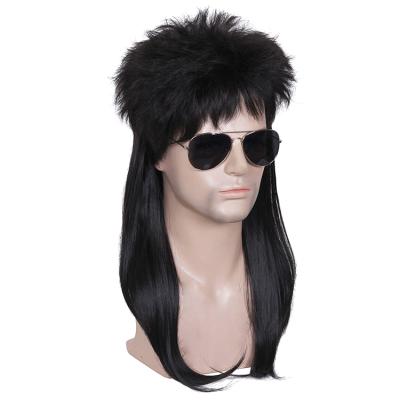 China Rocker Mullet Men's Long 80s Synthetic Fiber Heat Resistant Cosplay Wig Straight Black Straight Style Wig For Costume Party Costumes for sale