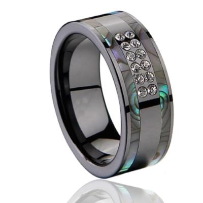 China Fashionable Popular Black Ceramic 8MM Abalone Shell Inlay Ring Design With CZ Stones Inlay For Men And Women for sale