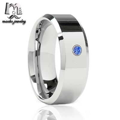 China High Quality TUNGSTEN Mens Tungsten Wedding Ring With Blue Stone CZ Inlay Beveled for sale