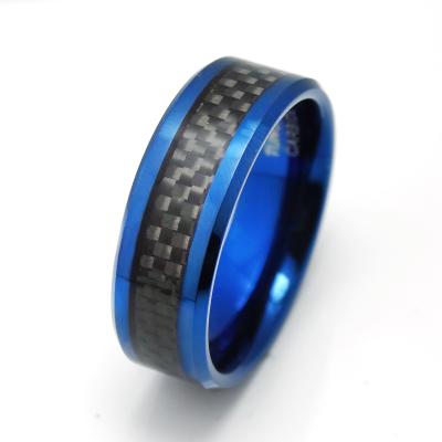 China Wholesale Trendy Blue Tungsten Carbide Arched Rings With Black Inlay Two Tone Wedding Tungsten Rings Carbon Fiber for sale