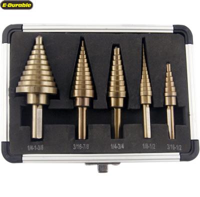 China 5 Pcs Cobalt Titanium E-durable Multi Hole 5pcs Hss High Speed ​​Steel Step Drill Bits Step Drill Bit Set With Aluminum Case for sale