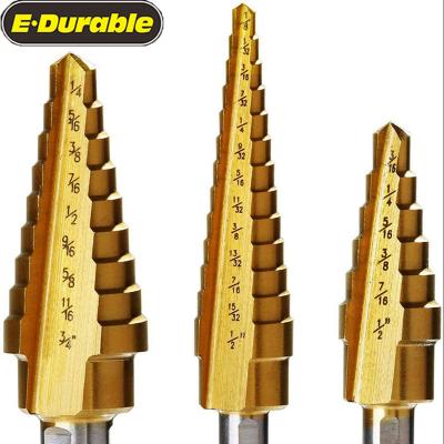 China Durable E-durable Triangular Step Drill Handle Multiple Hole Stepped HSS Titanium Coated Step Drill Bits For Metal / Wood Drilling for sale