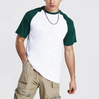 China Anti-wrinkle summer leisure green raglan short sleeves contrast color around the neck men loose T-shirt for sale