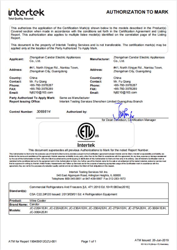 ETL - Zhongshan Candor Electric Appliances Co., Ltd.