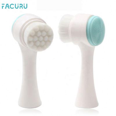 China Hot Selling Double Side Acne Treatment Facial Cleansing Brush Manual Facial Cleansing Brush With Bristle And Silicone Brush Head for sale