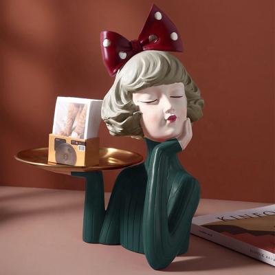 China Europe Resin Gifts Opens Bow Bubble Girl Statue Decoration Living Room Desk Tray Storage Girl Statue For Home Decor for sale