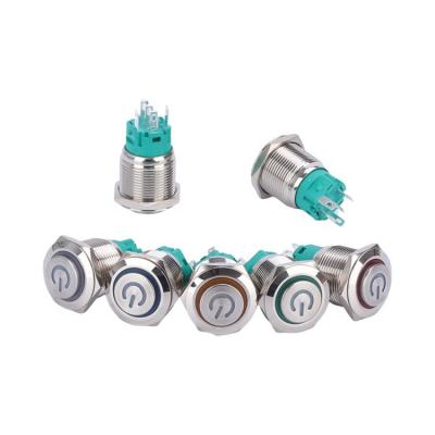 China Stainless Steel /Aluminum Oxide Power Symbol 5Pin 1NO1NC Bright Nickel Plated Brass Full High Round Head 24 Volt Led Push Button Switches 19MM Open for sale