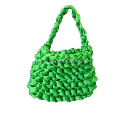 China Factory custom Satin Mini Tote Bag, Ribbon Hand Crocheted Handbag, Hand-Knitted Stud Totes for sale