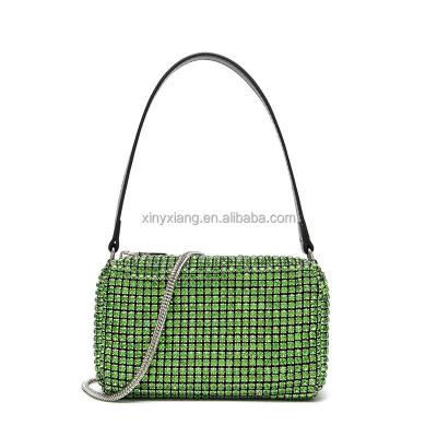 China Factory Wholesale Women's Green Chain Mesh Rhinestone Pouch Bag, Crystal Rhinestone Diamond Embellished Mesh Shoulder Clutch Bag for sale