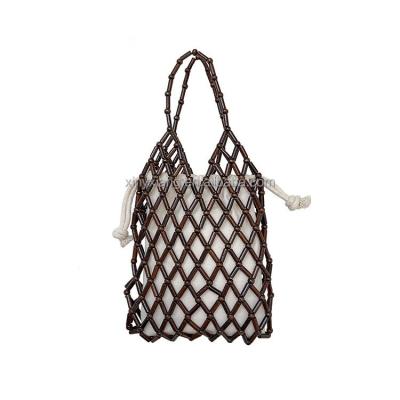 China Factory Wholesale Handmade wooden Bead Bag with lining, Vintage BOHO wooden bead beaded purse shoulder bag for sale