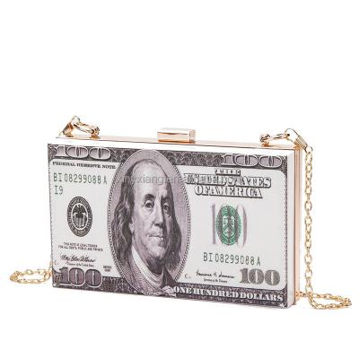 China Factory Wholesale Women Hard Acrylic Evening Box Clutch Purse 100 US Dollar Handbag, Dollar Bill Money Clutch Purses for sale