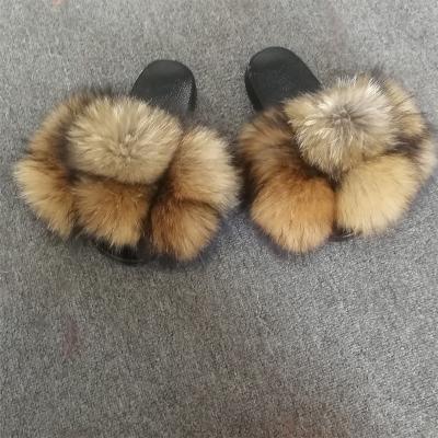 China New style fashion trend big fox fur ball indoor outdoor fur slide six balls fur slippers for women for sale