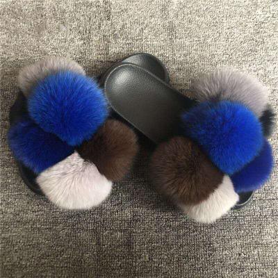 China Fashion Trend Mixed Colors Fashion Big Fur Ball Slippers Women Fluffy Fox Fur Slides for sale