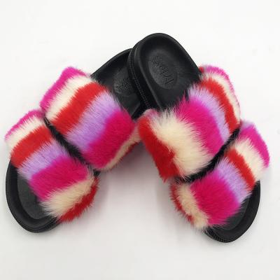 China Fashion Trend Wholesale Cheap New Style Hairy Fur Faux Slippers Double Strap Fur Slippers For Women for sale