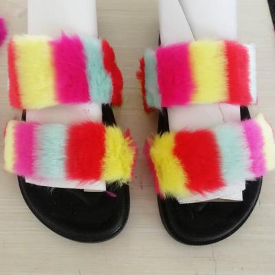 China Fashion Trend Wholesale Women's Shoes Ladies Flat Sandals Slides Open Toe Fluffy Double Straps Fur Slippers for sale