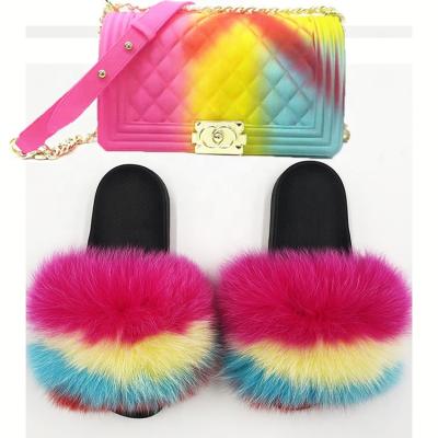 China 2021 Real Color Light Mixed Fox Color Rainbow Fur Slippers And Purse Fluffy Outdoor Sets for sale