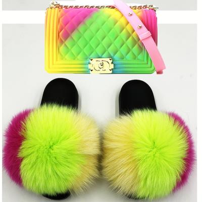 China Hot Selling Fashion Trend Women Fur Slippers And Purses Ladies Fur Slides 2 Piece Set And Matching Bag for sale