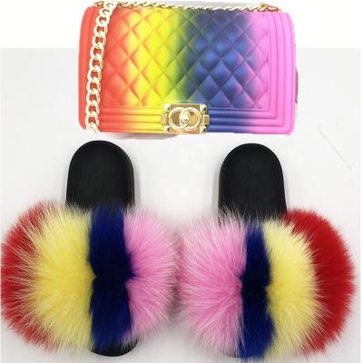 China Fashion Trend Fashion Fur Slides And Bag Matching Purse Sets Women Fur Plush Slippers for sale