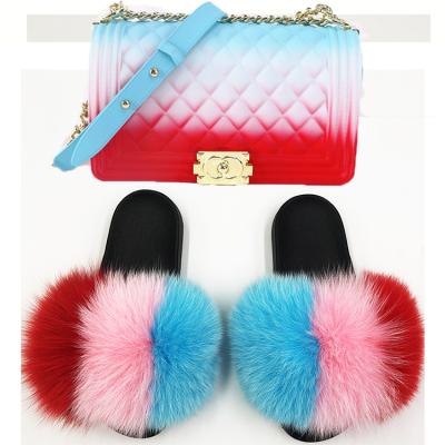 China Fashion Trend Factory Direct Custom Furry Slippers Furry Slides And Matching Purse Bag Set For Women for sale