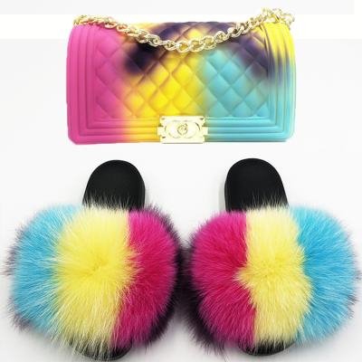 China Fashion Trend Woman Sandals Handbags Set Jelly Purses Matching Shoes Luxury Fur Slippers Set Fashion Fox Fur Slides And Bag for sale