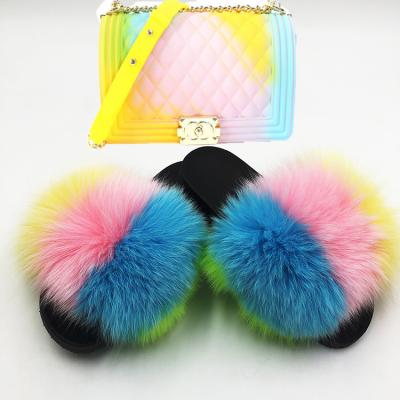 China Fashion Trend Low Moq Women New Arrivals Rainbow Fox Fur Slipper Slides Set With Colorful Jelly Handbag Purse for sale