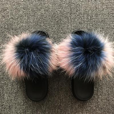 China Fashion Trend Wholesale Multicolor Raccoon Fur Slipper Women Real Fur Slides for sale