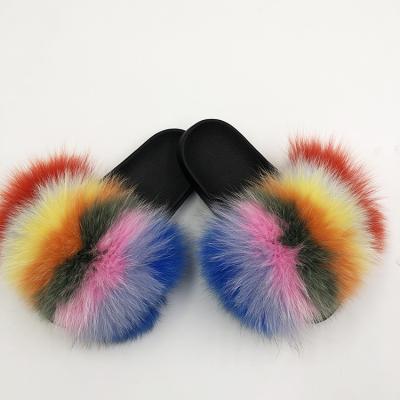 China 2021 Fashion Trend Puffy Fox Fur Real Slides Fuzzy Lady Sandals Custom Fluffy Fur Slippers Wholesale For Women for sale