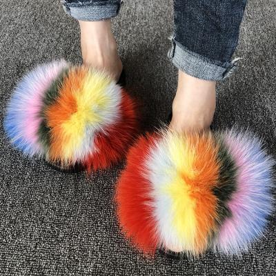 China Light weight wholesales real full coverage mixed color fox fur outdoor fluffy slippers for women for sale