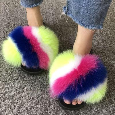 China Customized Logo Fashion Big Fluffy Furry Fluffy Fox Fur Slippers Women Lightweight Real Fur Slippers Women Slides for sale