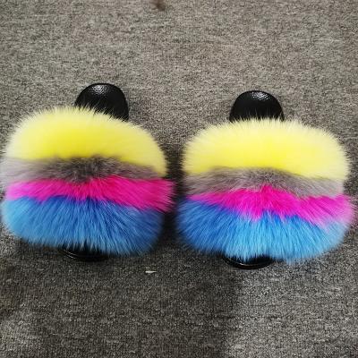 China Fashion Trend Luxury Summer Real Fox Fur Open Toe Fur Slides Real Fur Slippers For Women for sale