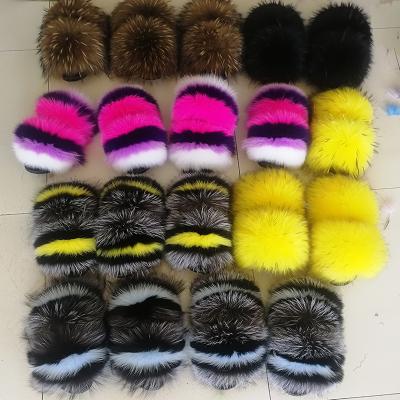 China Fashion Trend Colorful Real Fox Fur Fluffy Slippers, Open Toe Fur Slide For Women Furry for sale