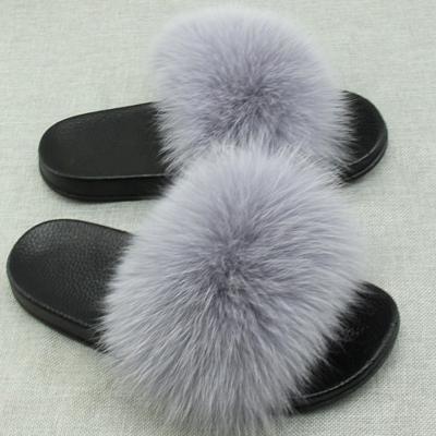 China Luxury High Quality Fox Fur Slippers Wholesale Lightweight Big Real Fur Slides Furry Sandals for sale