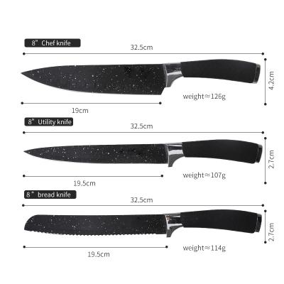 China Sustainable High quality 5 piece non-stick coated stainless steel kitchen knife black PP handle with lid series color box for sale