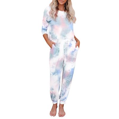 China Anti-pilling Ladies Tie Dye Home Wear Pajamas Pants High Quality Sets Short Sleeve Ladies Summer Set Ladies Clothing for sale