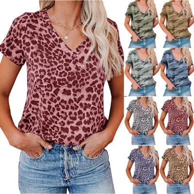 China 2021 summer new women's short-sleeved T-shirt women's QUICK-DRY hot V-neck leopard printing for sale