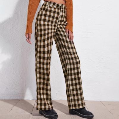 China Anti-Wrinkle Hot Sale Woman Tops Fashionable Wide Leg Pants Casual Cotton Plaid Straigh Pants for sale