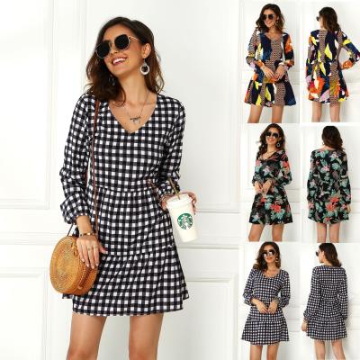 China Free Shipping 2021 New Summer Women's Anti-Static Spring And V-Neck Printed Plaid Mid Length Dress for sale