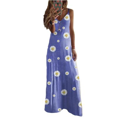 China Viable Hot Sale Flower Printing Plus Size Loose V Neckline Cami Women Sling Long Dresses for sale