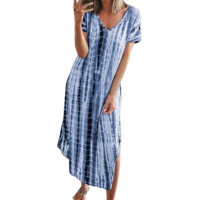 China Wholesale Breathable Summer Plaid Printing Tie Dye Split V Neck Plus Size Loose Slim Midi Dress for sale