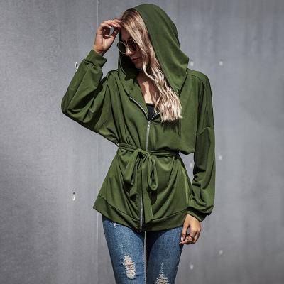 China Autumn Viable Casual Top Casual Oversized Plain Fashion Full Zip Up Long Belt Hoodie Sports Coat For Women for sale