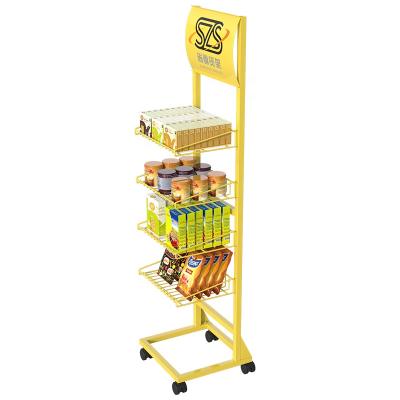 China Eco-friendly Metal Chip Snack Counter Candy Storage Floor Boxed Product Rack Display Rack With Logo On Top for sale